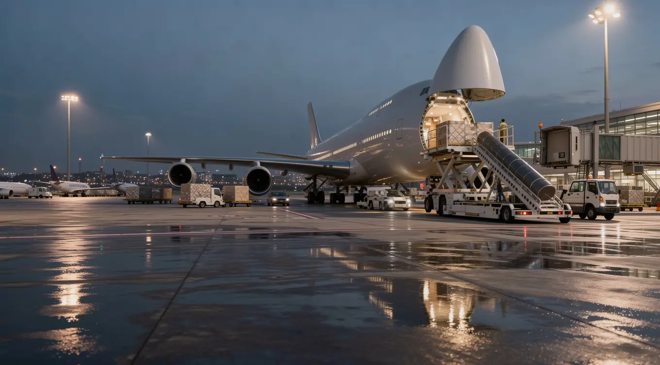 Hero Image: Carga de frete aéreo a ser carregada num avião cargueiro