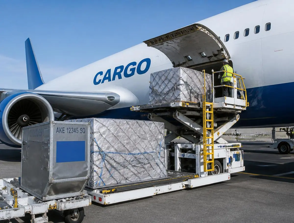 Paletes de carga aérea a serem carregadas num avião cargueiro